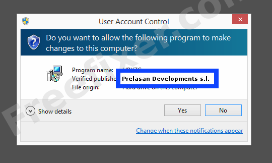 Screenshot where Prelasan Developments s.l. appears as the verified publisher in the UAC dialog